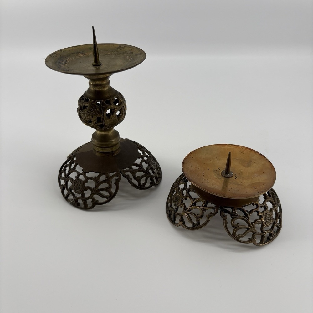 Vintage Brass Filigree Pricket Candle Holders Ornate Hollywood Regency Graduated